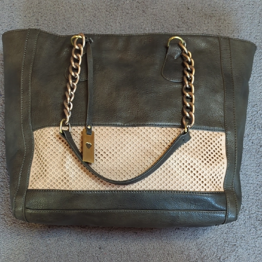 Slate & Tan Two-Tone Tote Bag With Chain Handles
